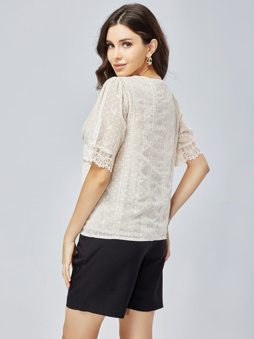 Women's Apricot Lace Short Sleeves Shirt