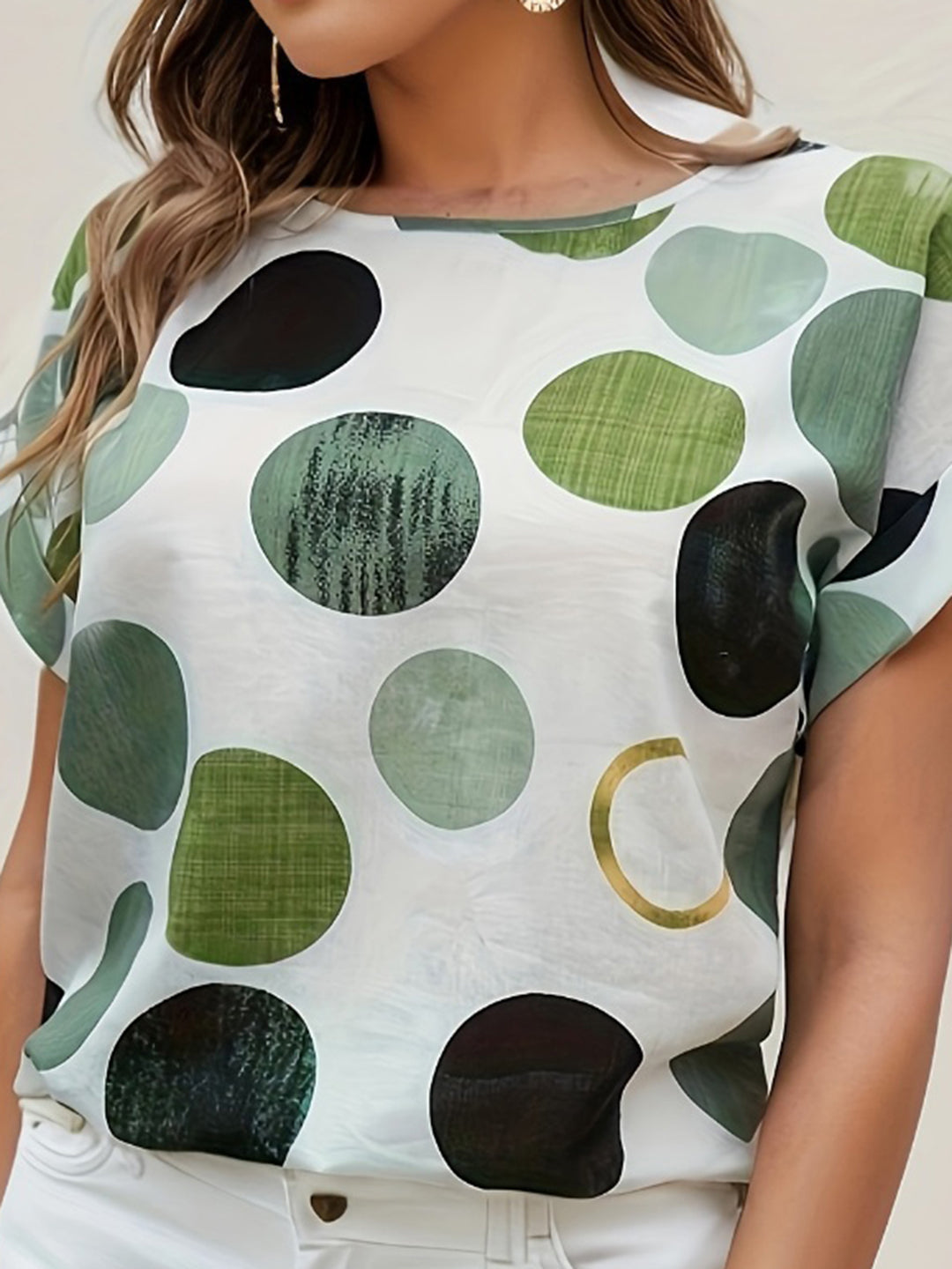 Women's White Polka Dot Printed Short Sleeves Regular Top