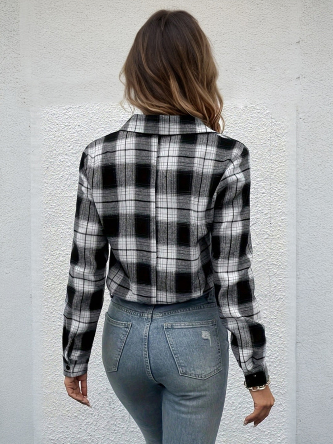 Women's Black Checkered Print Full Sleeves Knotted Shirt