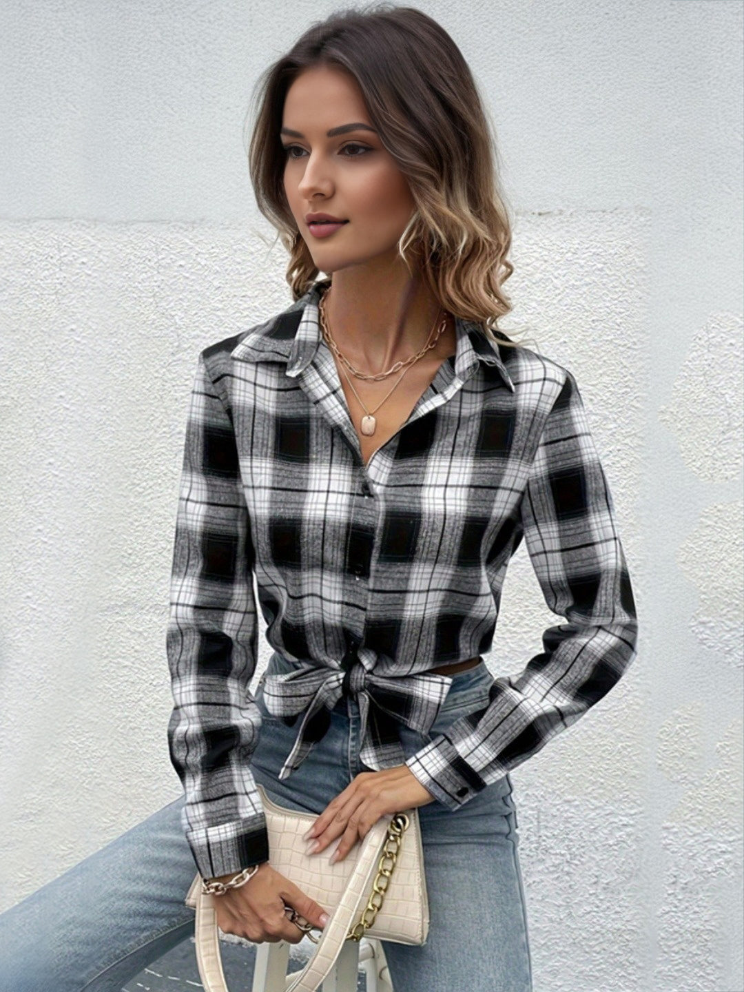 Women's Black Checkered Print Full Sleeves Knotted Shirt