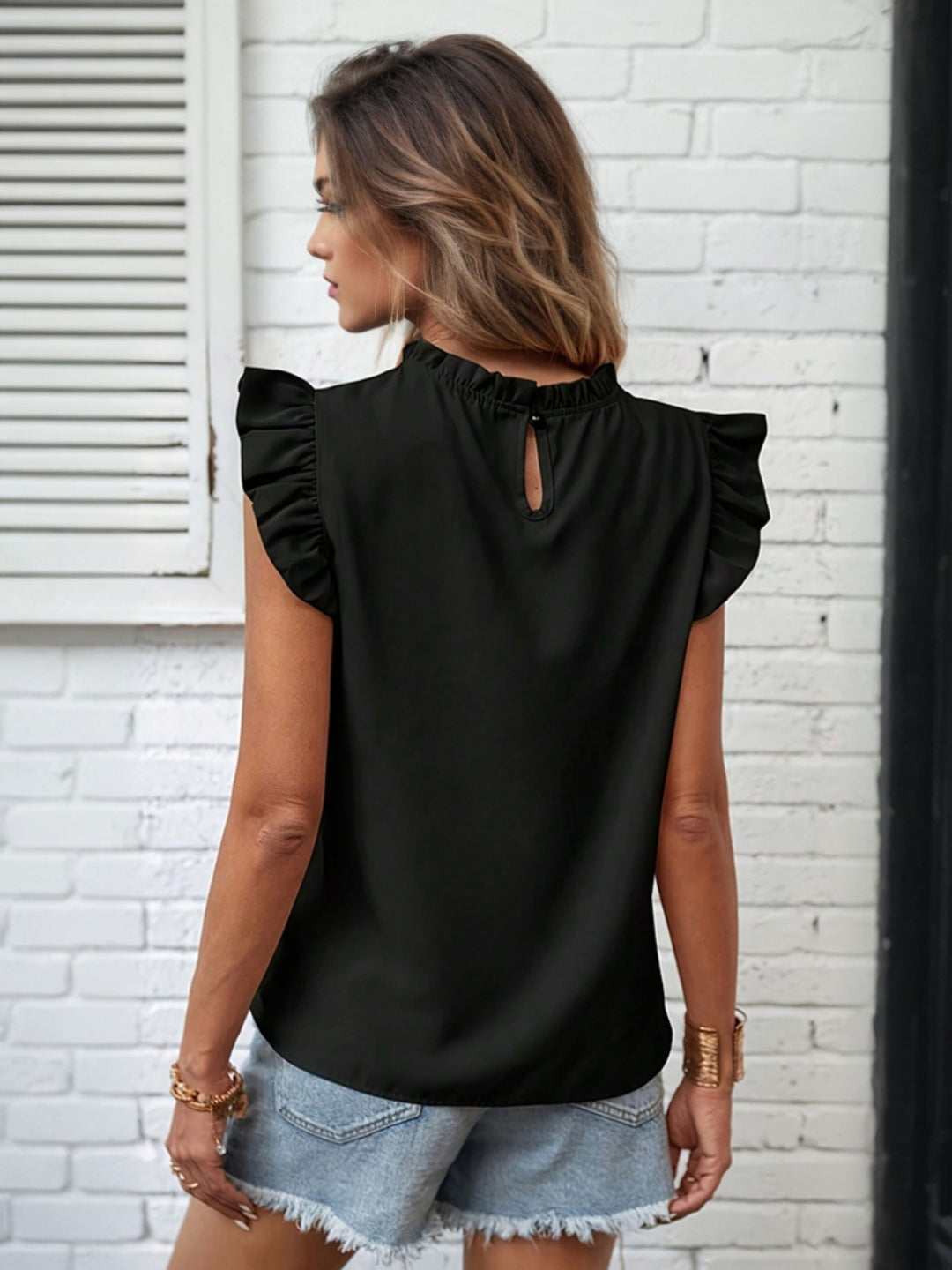 Women's Black Flutter Sleeves Regular Top