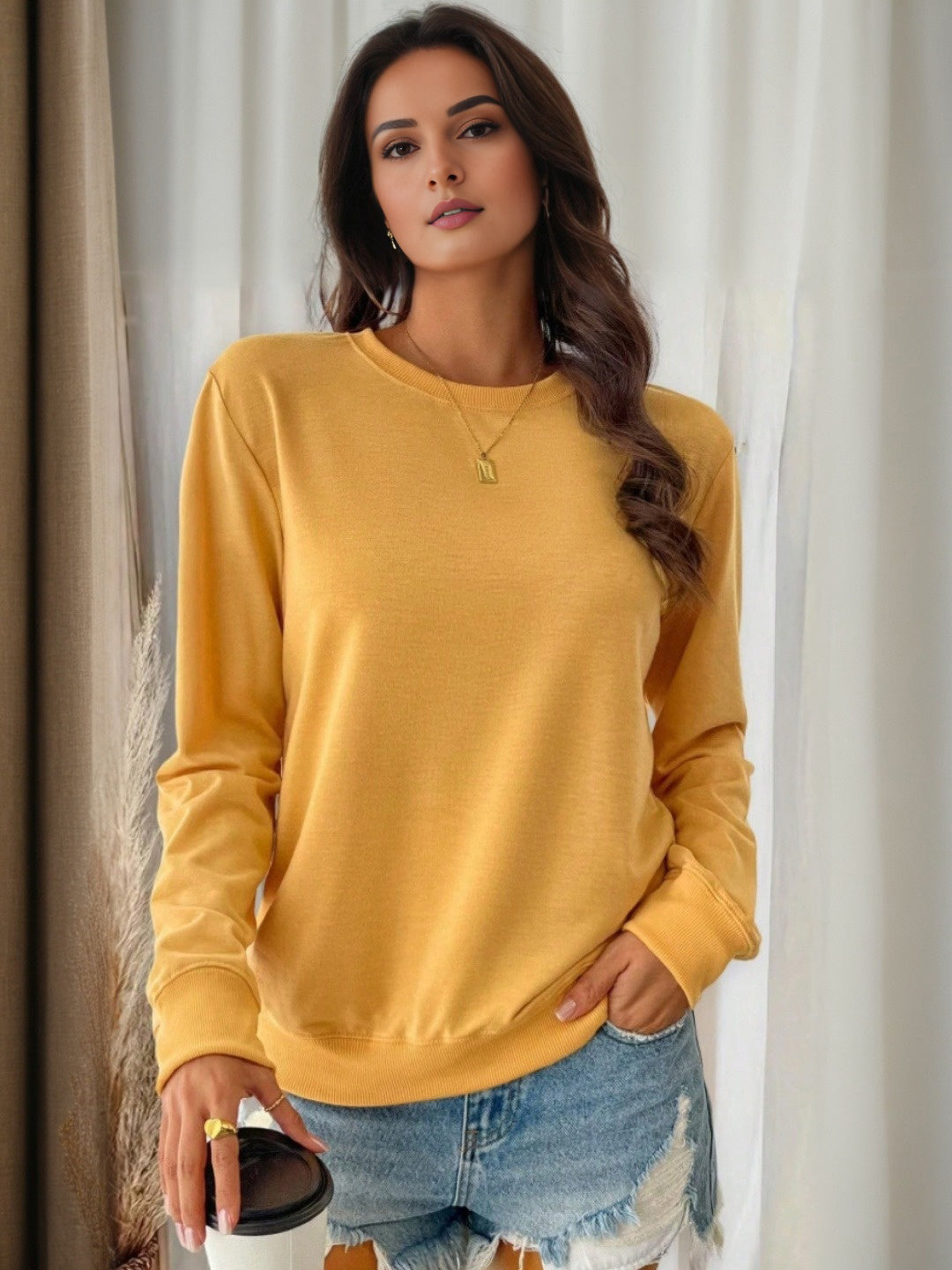 Women's Yellow Full Sleeves Pullover Top