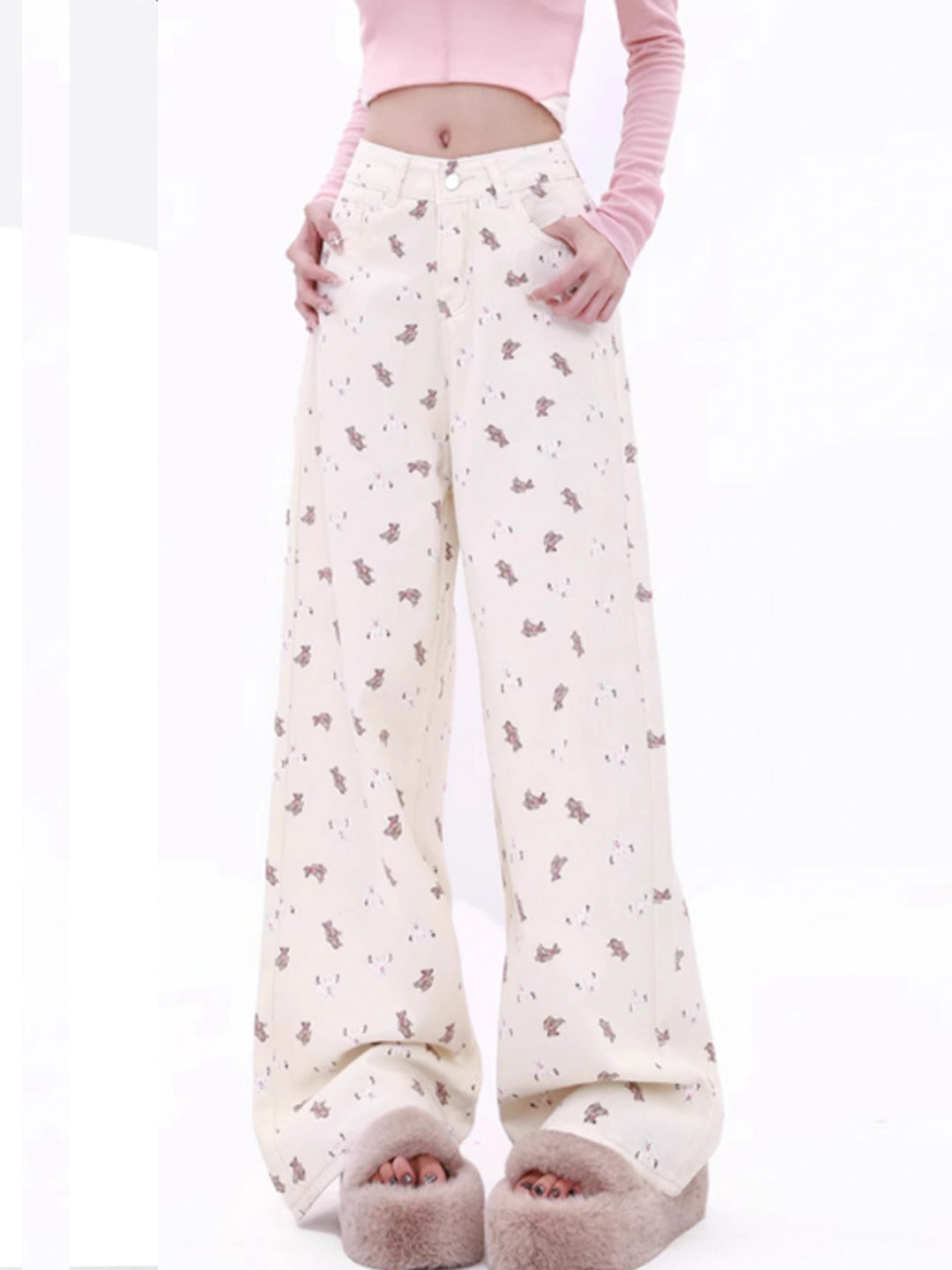 Women's White Printed Straight Fit Denim