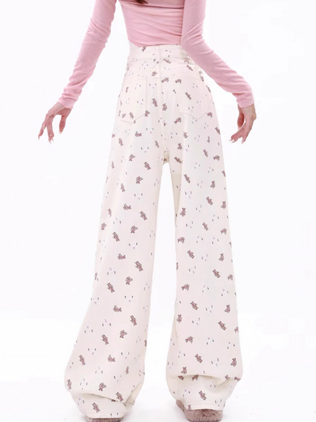 Women's White Printed Straight Fit Denim