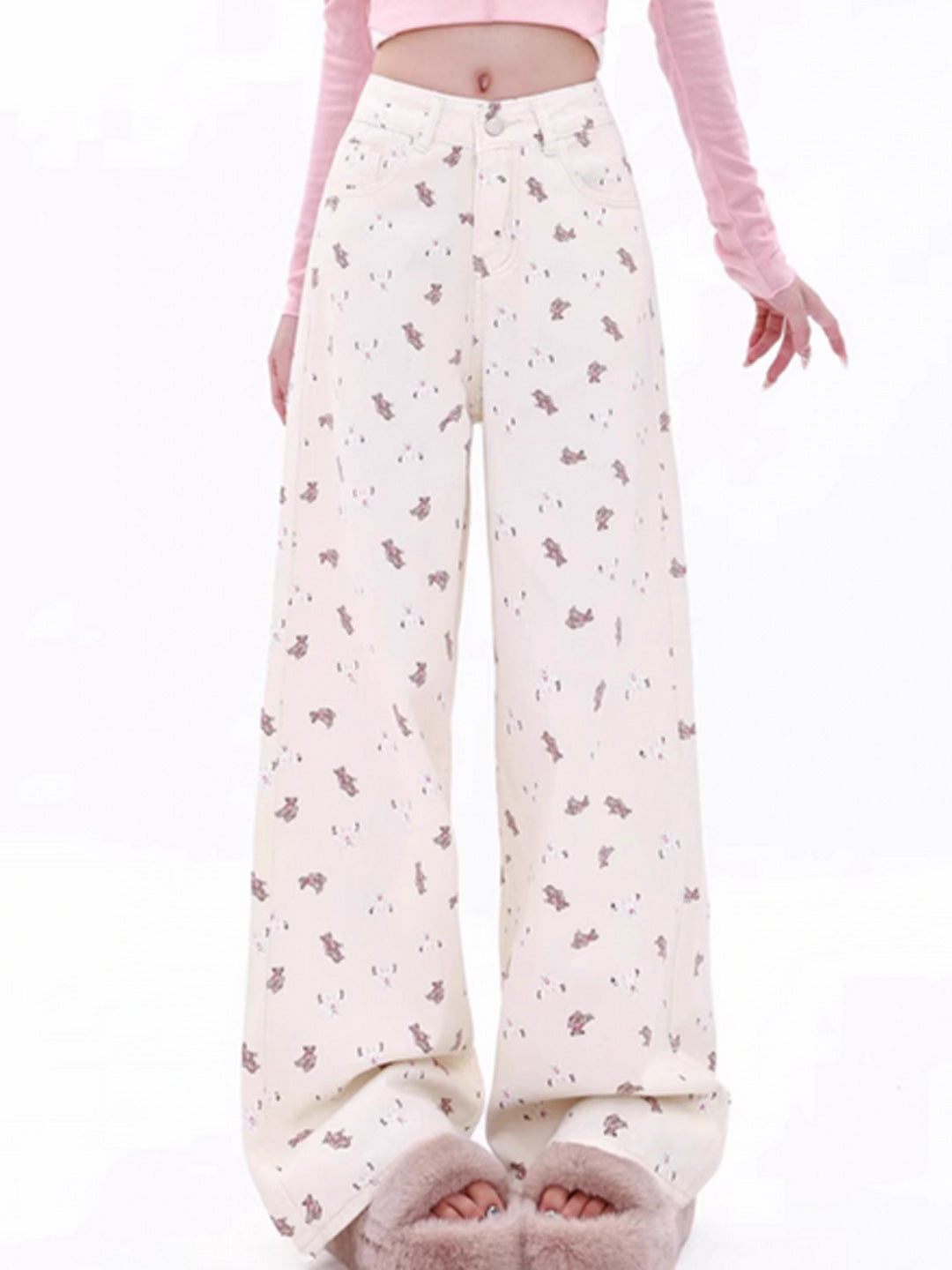 Women's White Printed Straight Fit Denim