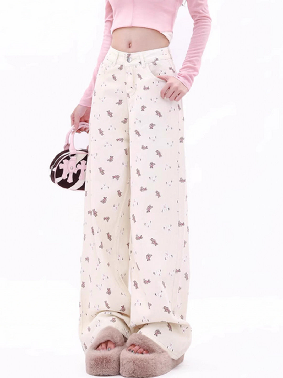 Women's White Printed Straight Fit Denim