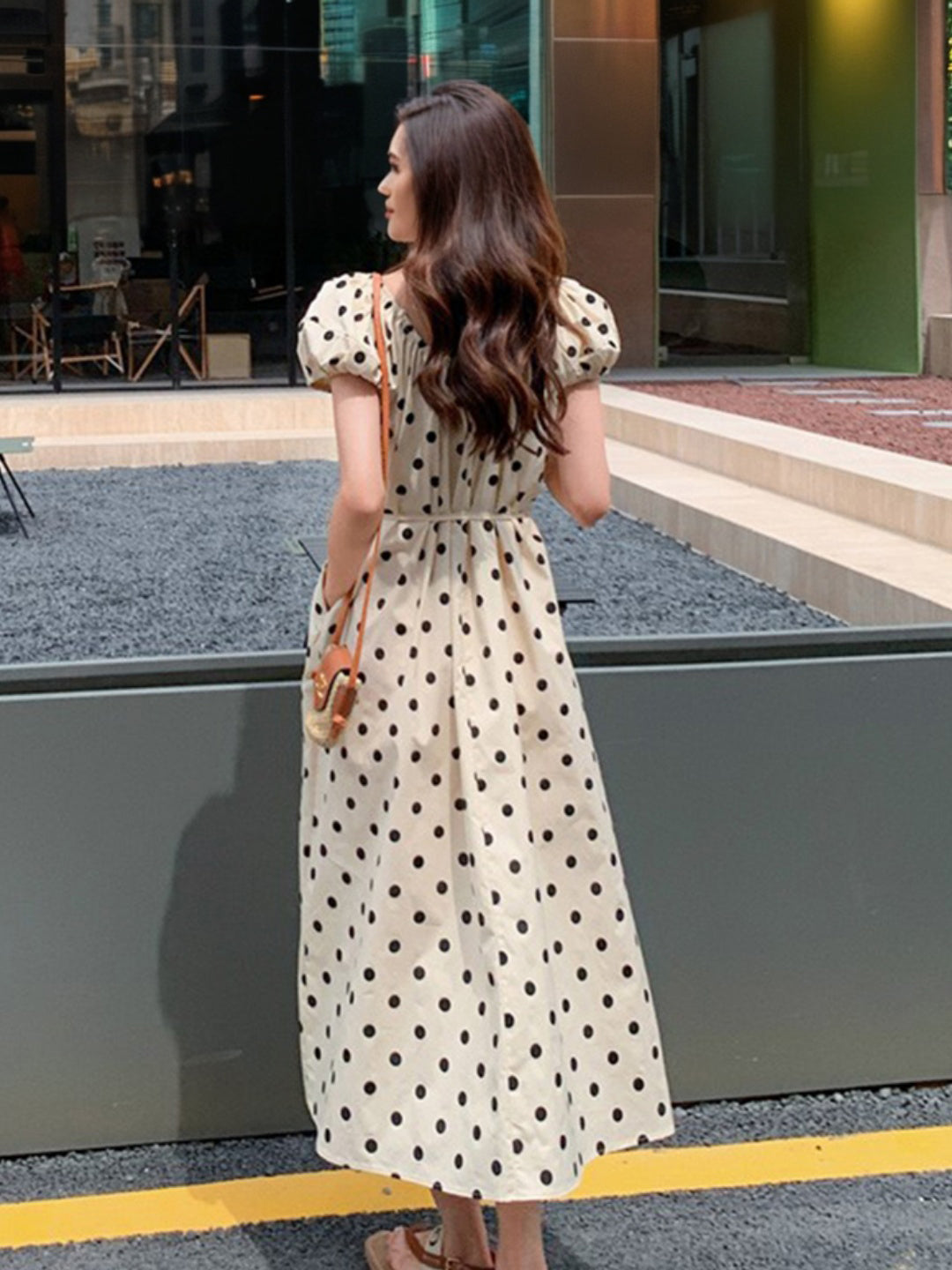 Women's Apricot Polka Dot Printed A-line Dress