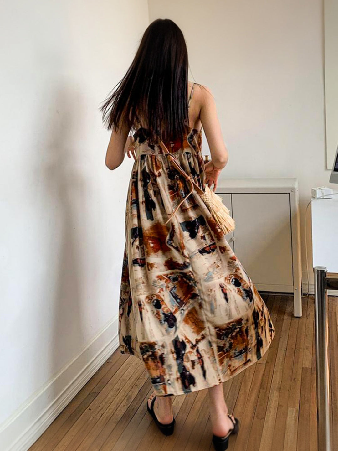 Women's Beige Printed Shoulder Straps A-line Dress