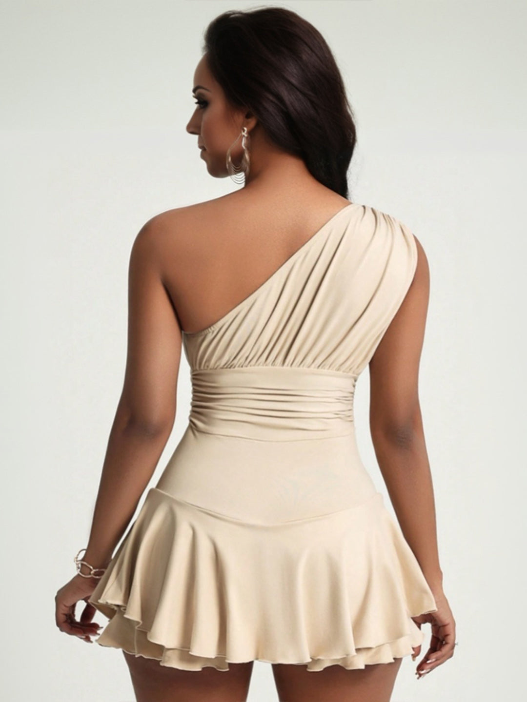 Women's Apricot One-Shoulder Gathered Skater Dress