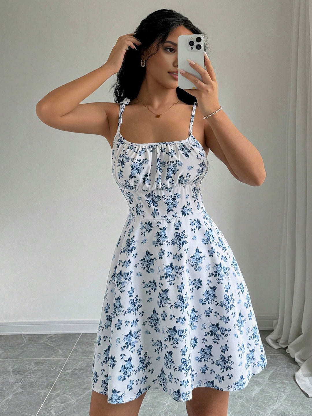 Women's White Floral Print Strappy Casual Dress