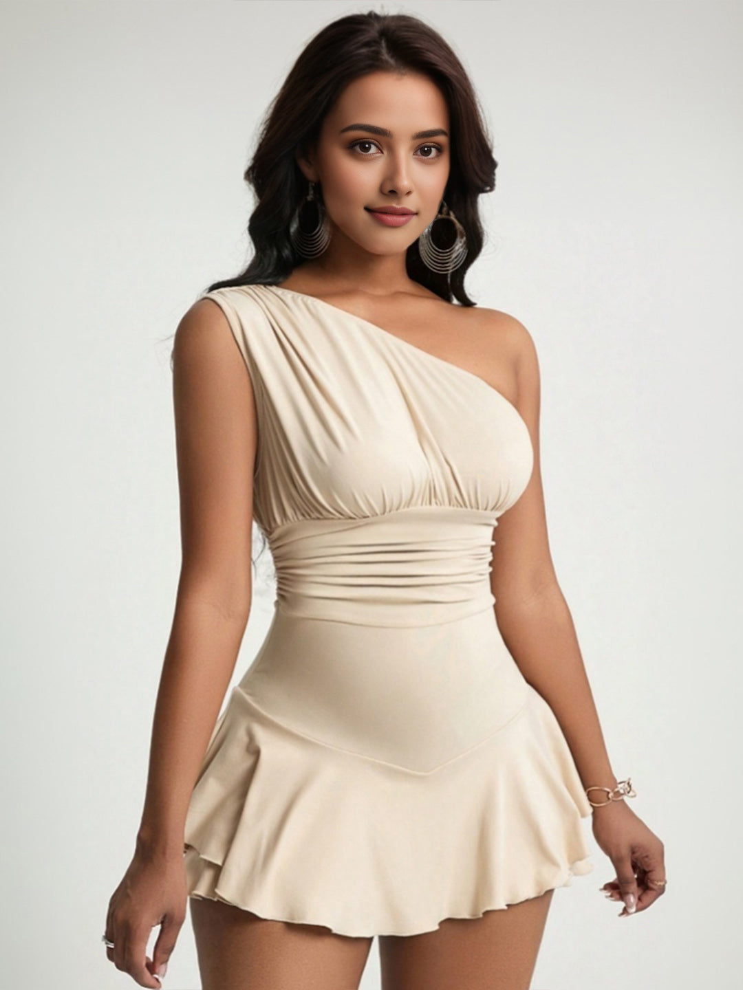 Women's Apricot One-Shoulder Gathered Skater Dress