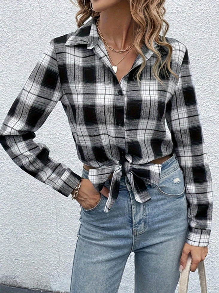 Women's Black Checkered Print Full Sleeves Knotted Shirt