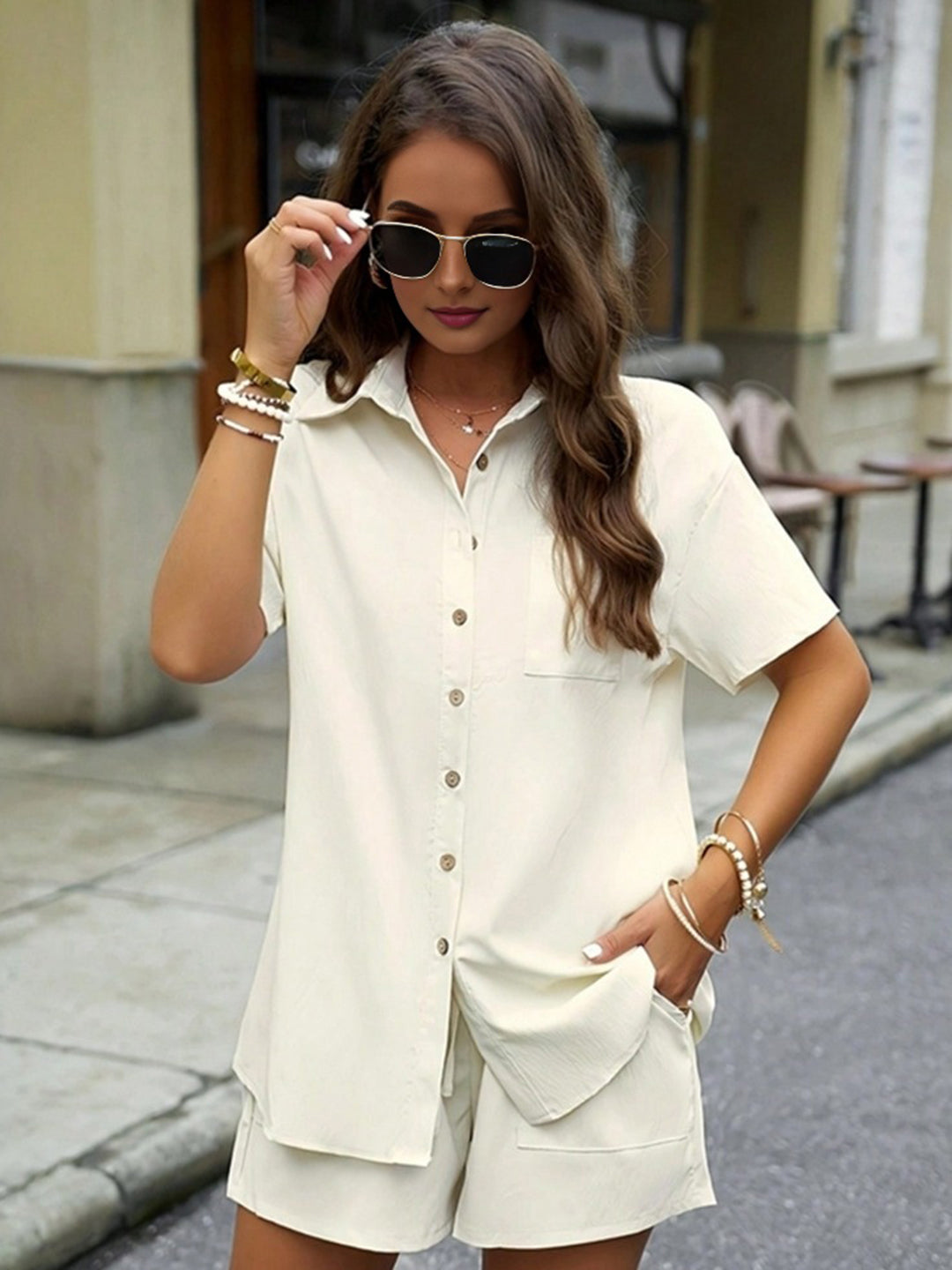 Women's Apricot Short Sleeves Shirt with Shorts Set