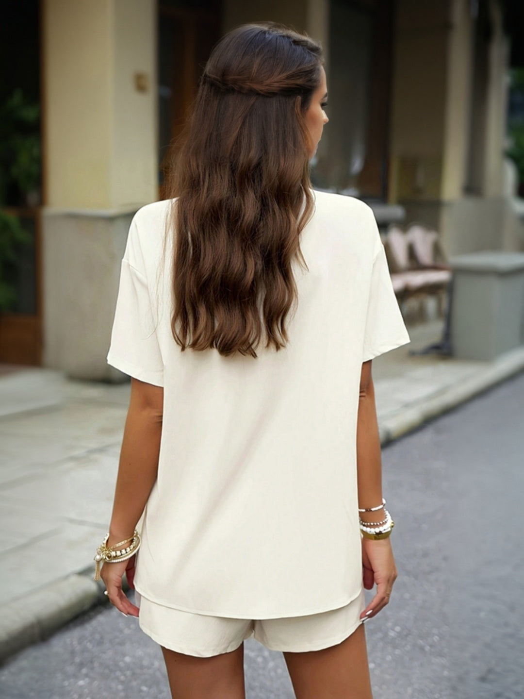 Women's Apricot Short Sleeves Shirt with Shorts Set