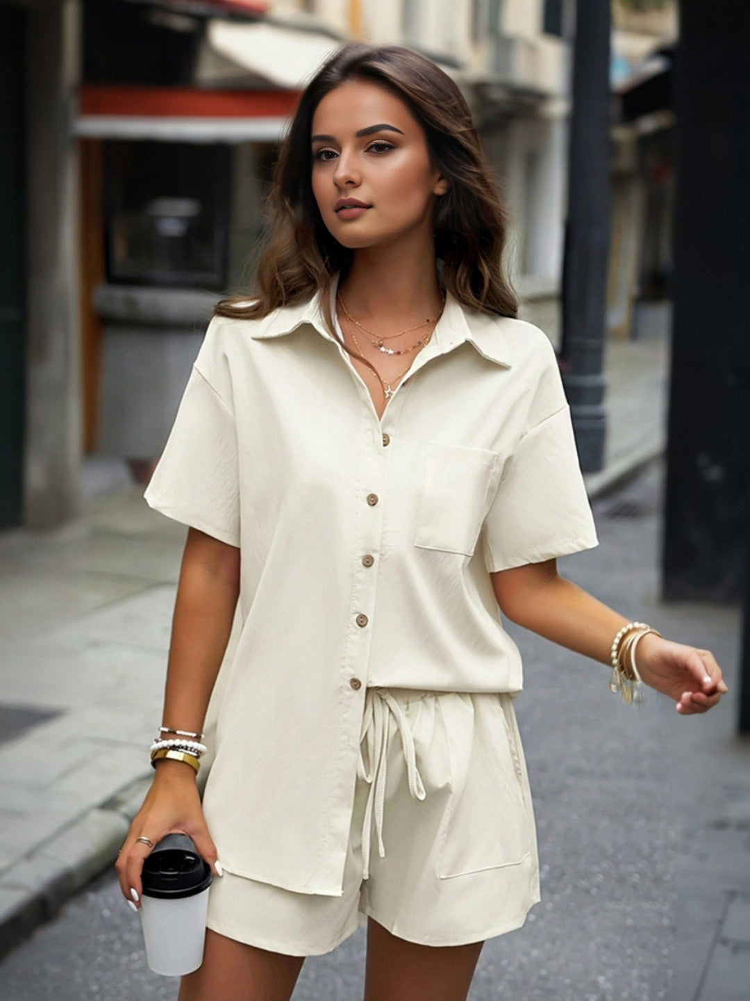 Women's Apricot Short Sleeves Shirt with Shorts Set