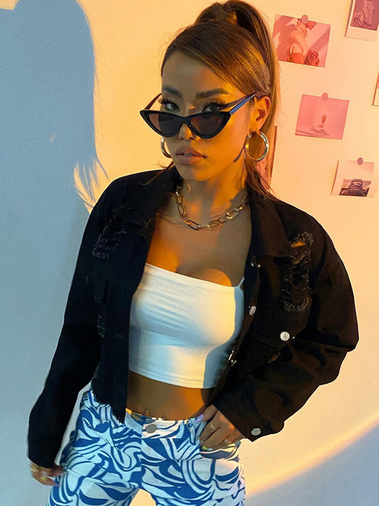Women's Black Full Sleeves Crop Denim Jackets