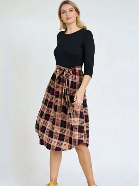 Women's Black Checkered Print Elasticated Knee Length Skirt