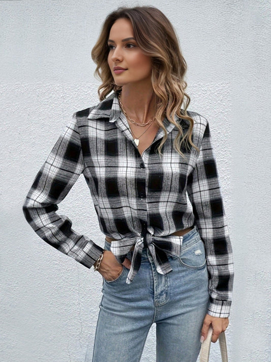Women's Black Checkered Print Full Sleeves Knotted Shirt