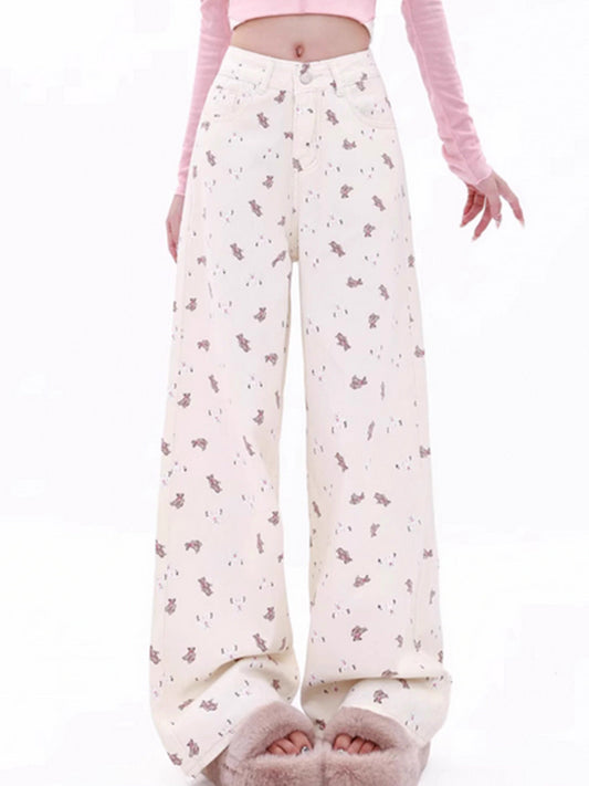 Women's White Printed Straight Fit Denim