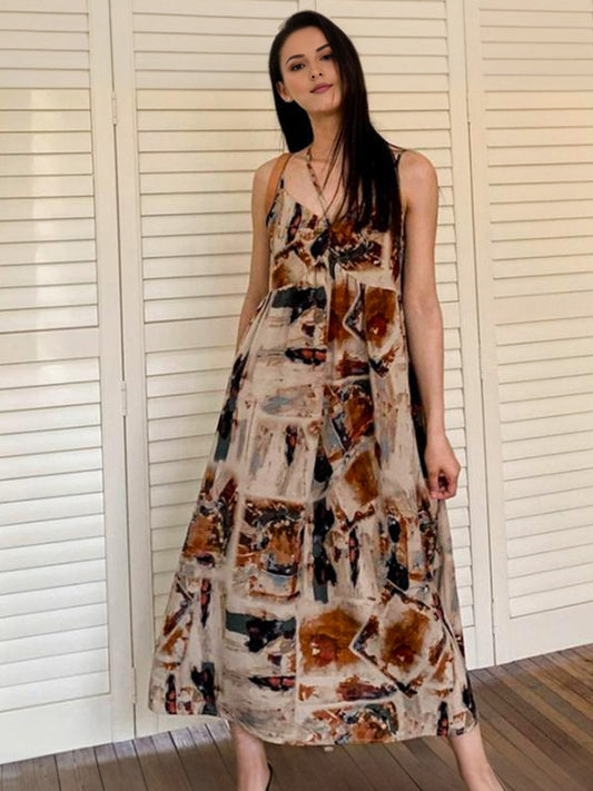 Women's Beige Printed Shoulder Straps A-line Dress