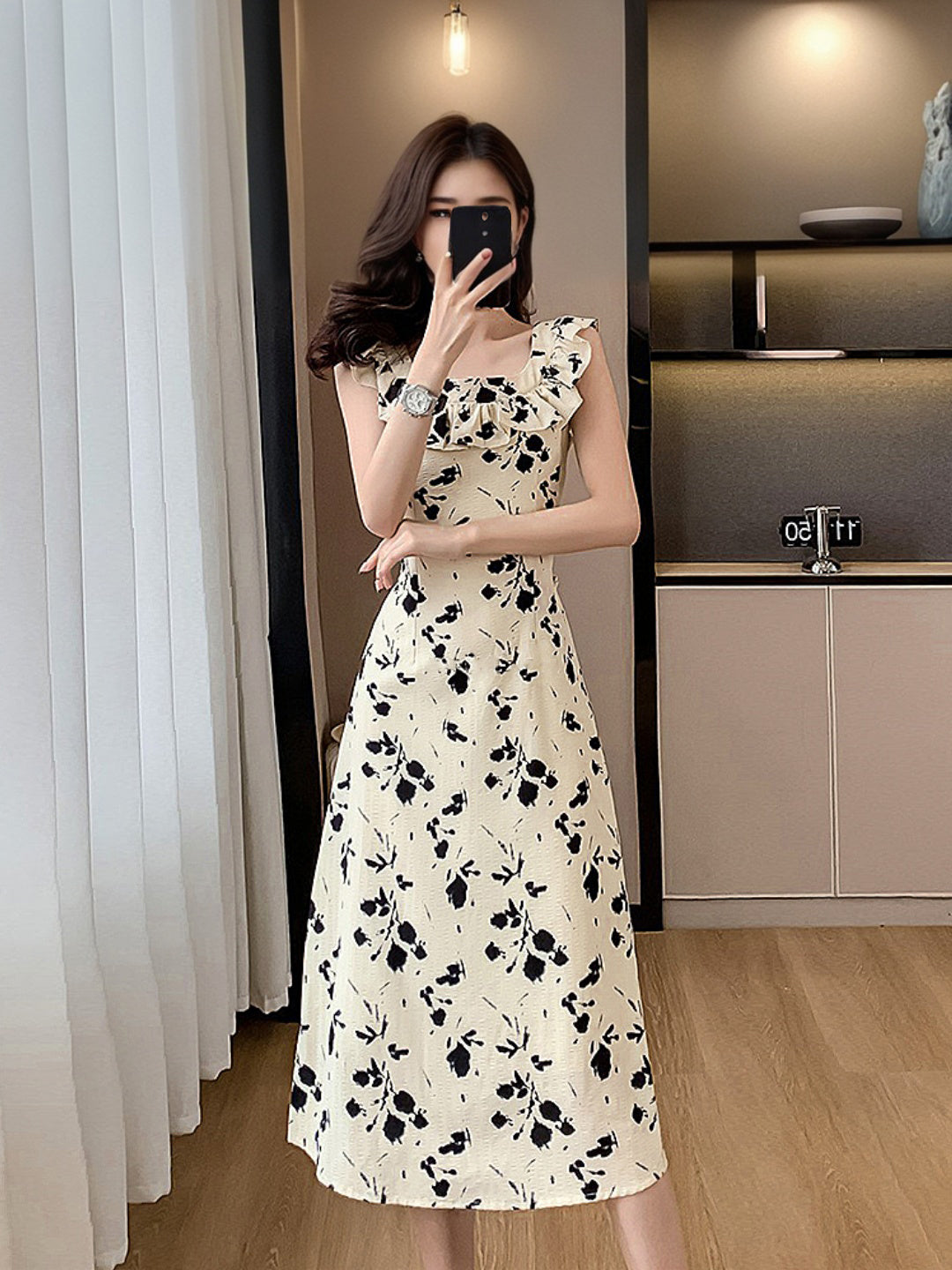 Women's Apricot Floral Print Frill Neck Midi Dress