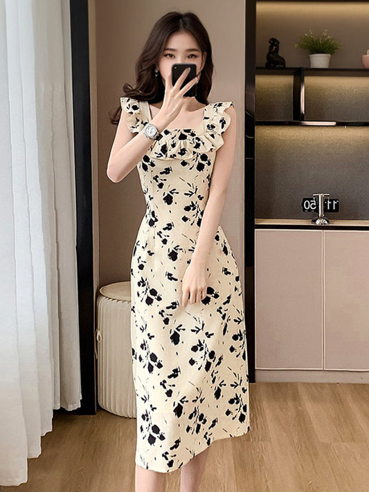 Women's Apricot Floral Print Frill Neck Midi Dress