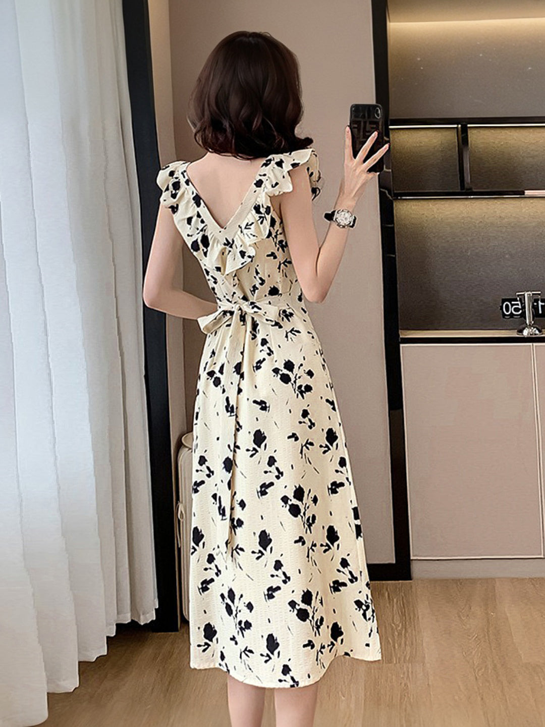 Women's Apricot Floral Print Frill Neck Midi Dress