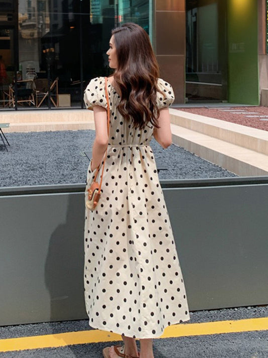 Women's Apricot Polka Dot Printed A-line Dress