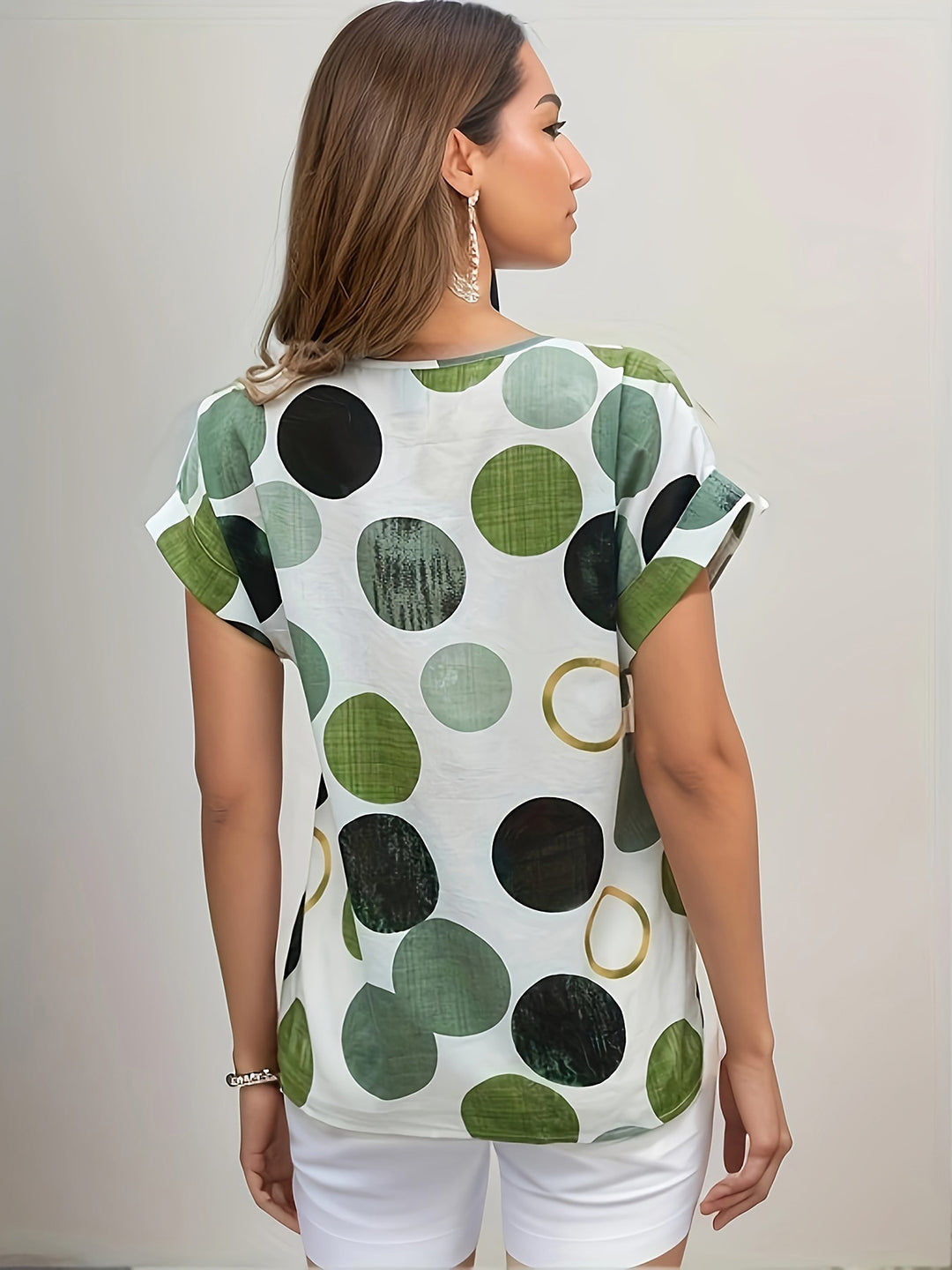 Women's White Polka Dot Printed Short Sleeves Regular Top