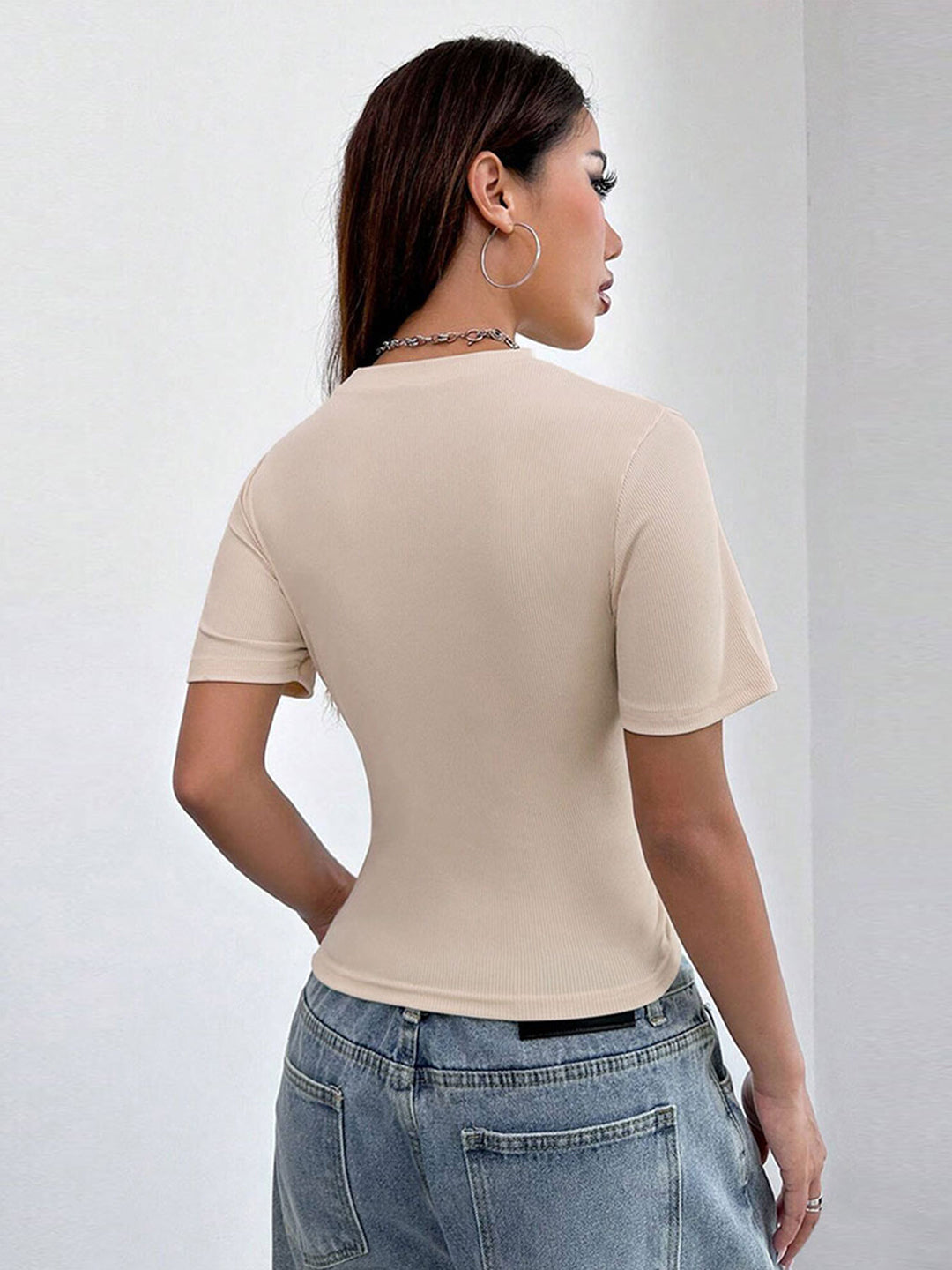 Women's Apricot Short Sleeves Asymmetric Top