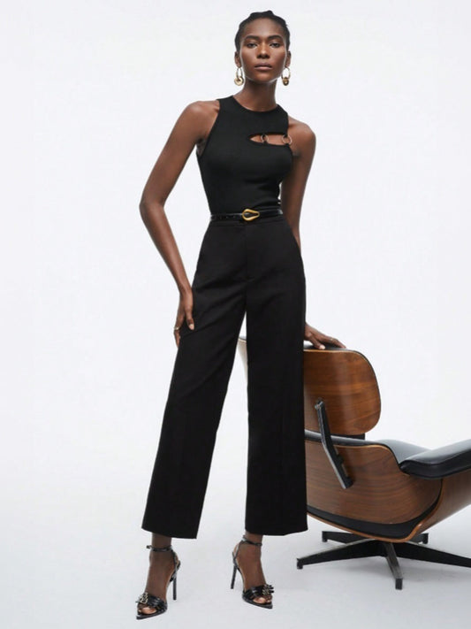 Women's Black Keyhole Neck Sleeveless Top