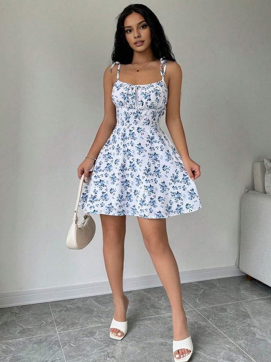 Women's White Floral Print Strappy Casual Dress