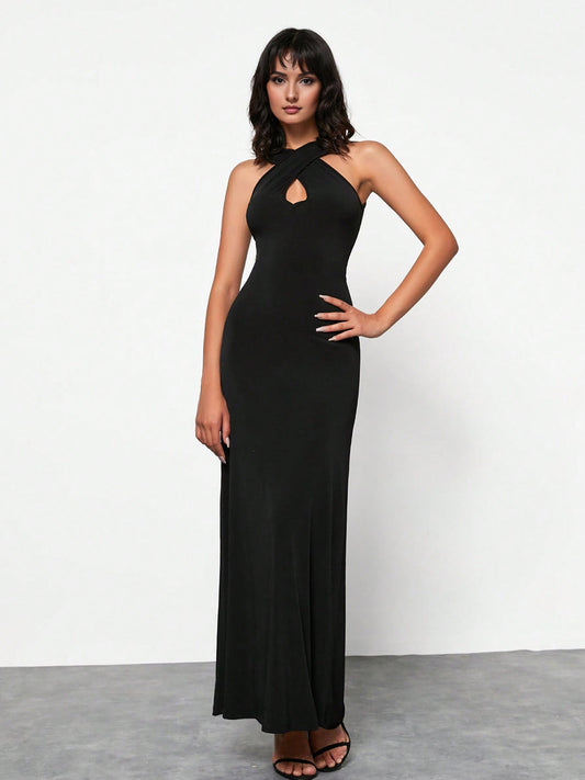 Women's Black Halter Neck Maxi Length Dress