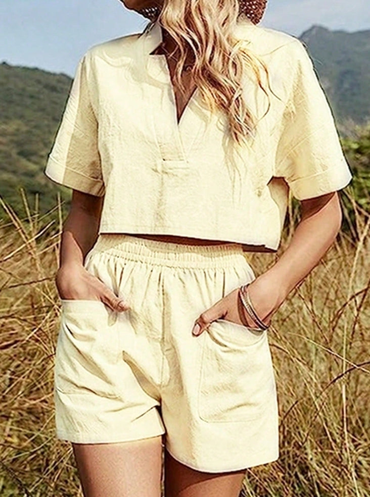 Women's Apricot Short Sleeves Crop Top with Shorts Set